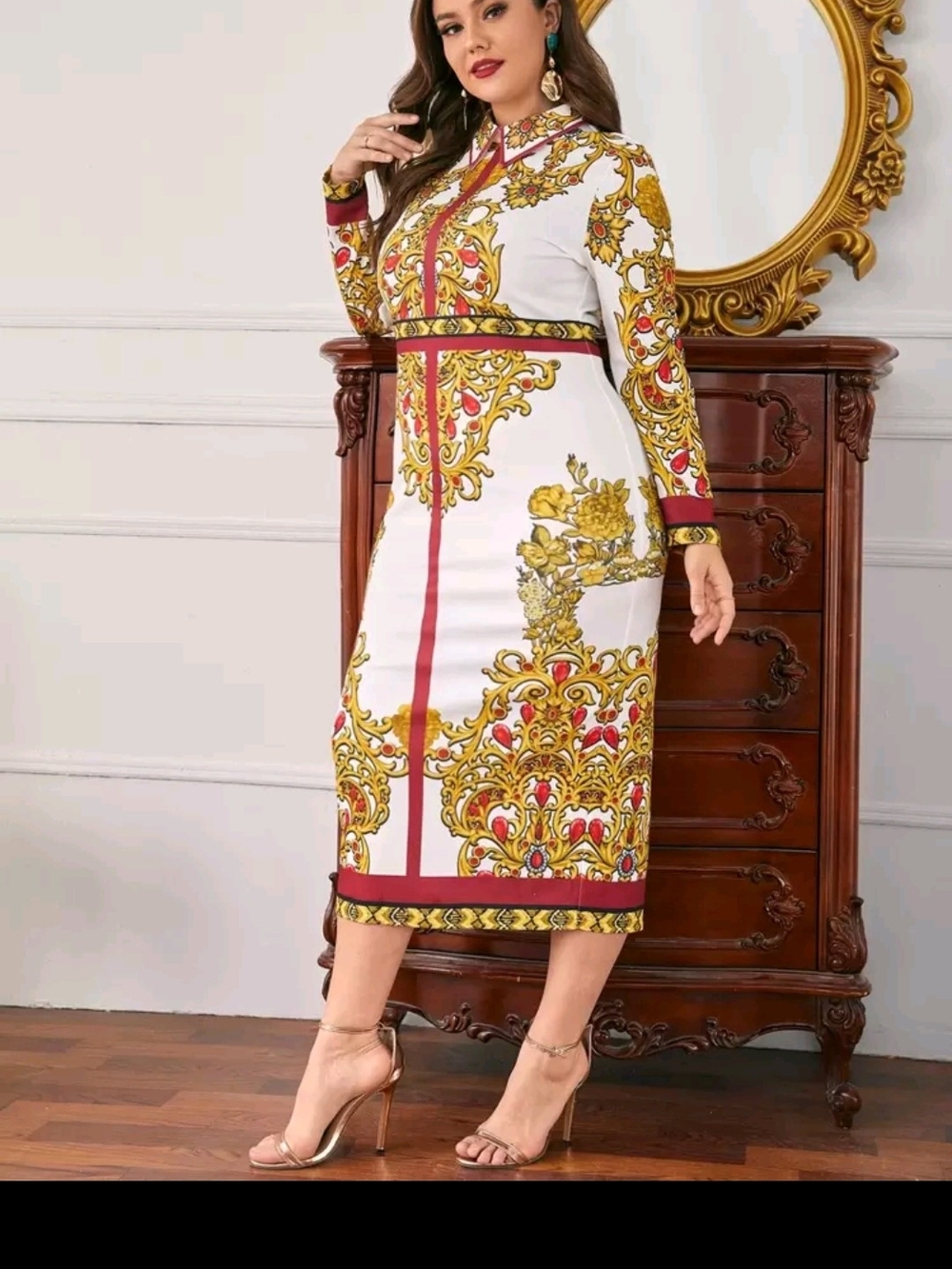 Elegant White & Gold Baroque Midi Dress